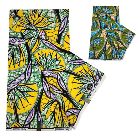 Yellow Green Cotton Fabric with African Wax Batik Floral Print,6 Yards Long,for Cushion Covers Sofa Upholstery Clothes,DIY Sewing Material R1213