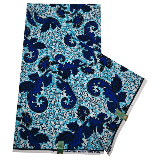 6 Yards Long DIY Cotton African Wax Batik Fabric with Blue Plants Print for Cushion Sofa Upholstery Summer Clothes Pants R1218
