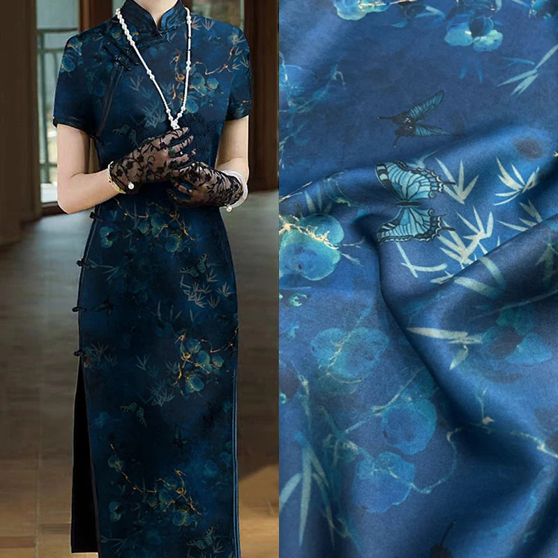 Stretch Gambiered Gauze Silk Fabric with Magic Blue Floral Printed Design for Cheongsam Horse Face Skrit Dress,47'' Wide 25MM,DIY Sewing Material E1559