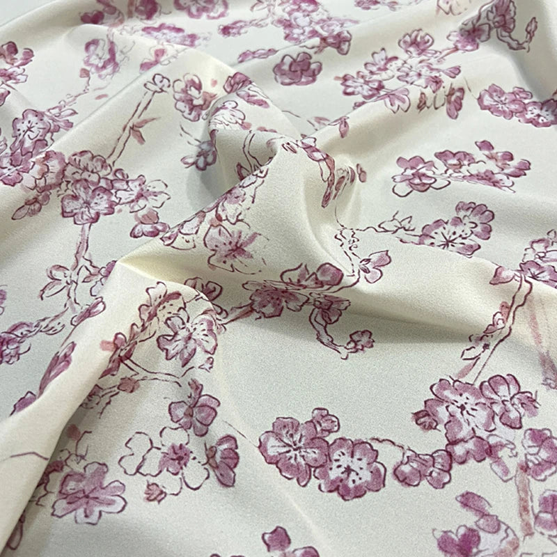 Stretch Comfortable Silk Crepe de Chine Fabric - Pink Floral Printed on White Design, Fabric for Summer Dress Pants-DIY Sewing Material D1497