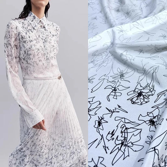 Black Print White Silk Fabric by Yard Dress Material, 93% Silk & 7% Spandex Crepe de Chine Fabric, 55'' Width,18MM Thickness,Stretch DIY Sewing Material D1337