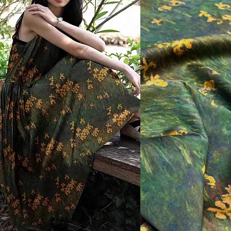 Yellow Floral Printed on Grass Green Gambiered Guangdong Silk Fabric by Yard for Blouse Cheongsam Pants Dressmaking - 47'' Wide 25MM Thickness DIY Sewing Material R391