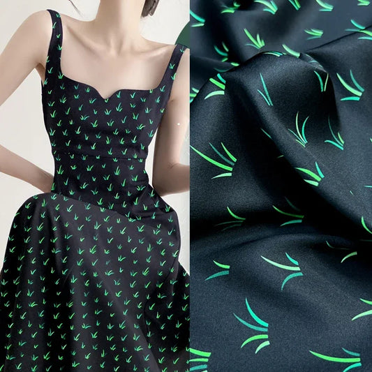 55'' Wide 20MM Thickness Stretch Grass Printed Black Twill Silk Fabric by Yard for Summer Spring Plants Blouse Dress Cheongsam DIY Sewing Material D1163