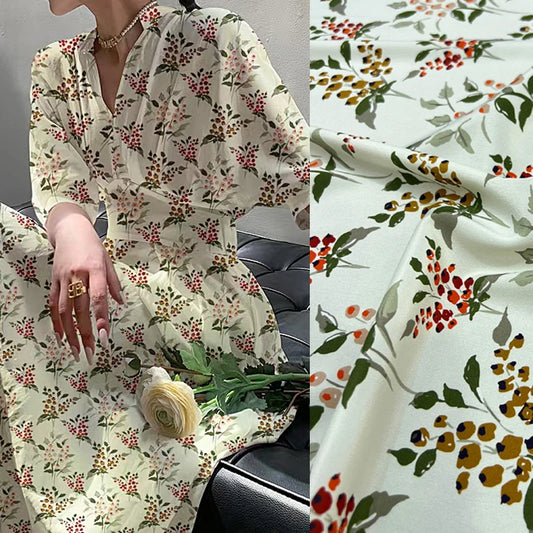 18 Momme 55''Width Silk Crepe de Chine Fabric for Thin Blouse,Dresses,Pajamas DIY Crafts,Soft Stretch Silk Spandex Material (Brown Red Fruites Printed Design,1yards)  D1504