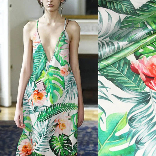105CM Wide 91G/M Big Green Print Stretch Silk Satin Fabric for Summer Spring Smooth Suit Dress Jacket Skirt,DIY Sewing Material C019