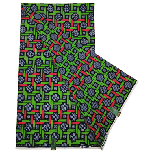 Cotton Fabric for DIY Sewing-6 Yards Long African Wax Batik Fabric with Red Green Sqaure Chain Print,for Summer Clothing R1256