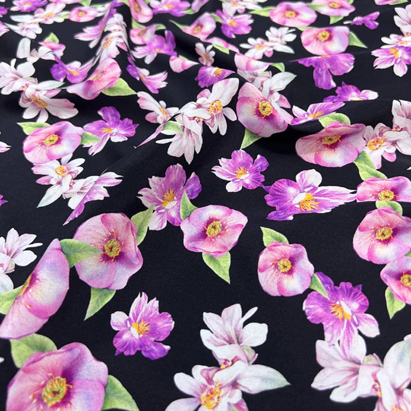 140CM Wide 18MM Silk Crepe de Chine Fabric,Stretch Silk Fabric for Thin Cheongsam Pants Dress Purple Floral on Black,DIY Sewing Material D1689