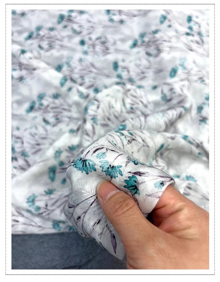 Silk Spandex Printed Fabric by Yard Blue Floral on Beige 55'' Wide for Dressmaking Cheongsam 19MM Thick Stretch Thin Silk Fabric DIY Sewing Material D1358