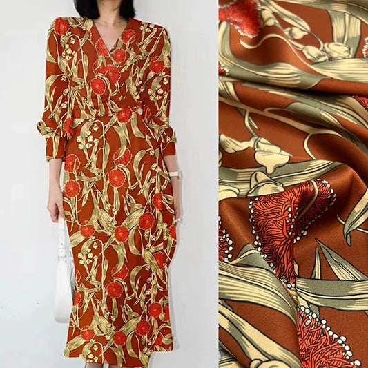 Soft Silk Threaded Satin Fabric by Yard with Floral Printed on Brick Red 140CM Wide 20MM Silk Fabric for Summer Clothing Dress Pants DIY Sewing Material R373