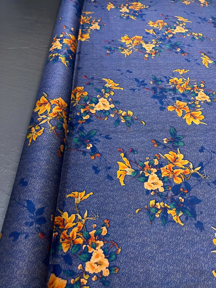 Elegant 25MM Silk & Spandex Fabric by Yard for Dress Cheongsam - Wide 47'', Yellow Floral Print DIY Sewing Silk Material D1255