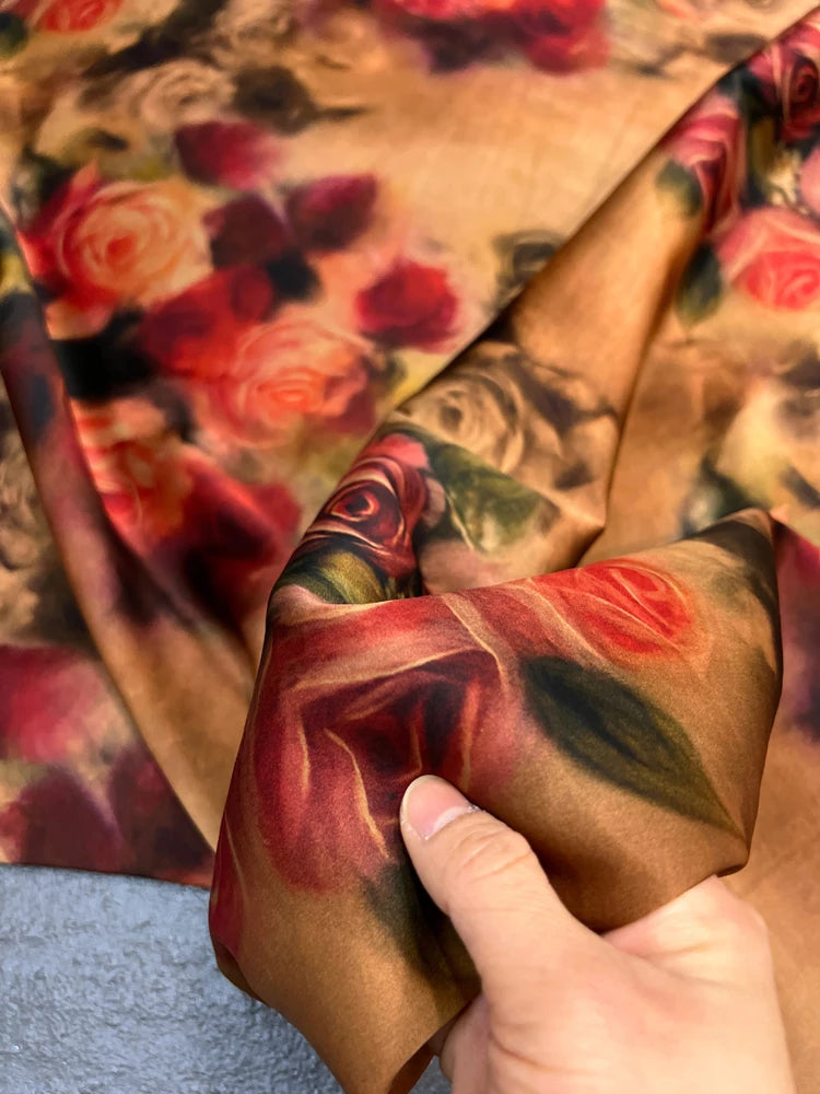 Stretch Gambiered Gauze Silk Fabric with Red Rose Printed Design for Cheongsam Horse Face Skrit Dress Pants 47'' Wide 25MM Thick,DIY Sewing Material E1563