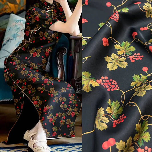47'' Wide 25MM Thickness Gambiered Gauze Silk Fabric Red Fruites Print on Black Design for Cheongsam Horse Face Skrit Dress Pants Summer DIY Sewing Material by Yard E1592