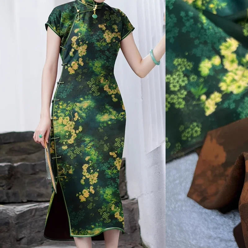 Luxurious 47'' Wide 25MM Thickness Silk Spandex Fabric by Yard with Green Plants Print - Perfect for Dress & Cheongsam DIY Sewing Silk Fabric Material - D1251