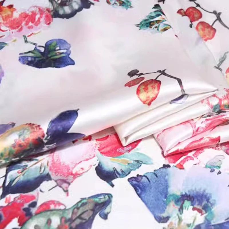 41.3'' Wide 20MM Stretch Silk Satin Fabric with Chinese Style Floral Print for DIY Sewing Spring Summer Smooth Dress Pants Pajamas R1857