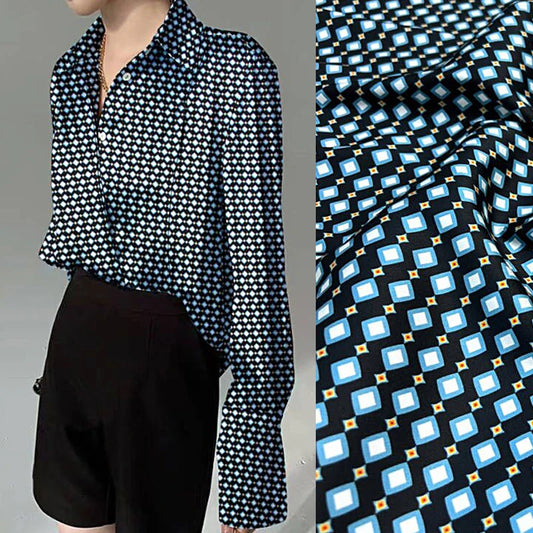 55'' Wide-20MM Thickness-Blue Rhombus Printed Twill Silk Fabric for Summer Shirt Pants Dress-Stretch Comfortable Silk Fabric by Yard DIY Sewing Material D1635