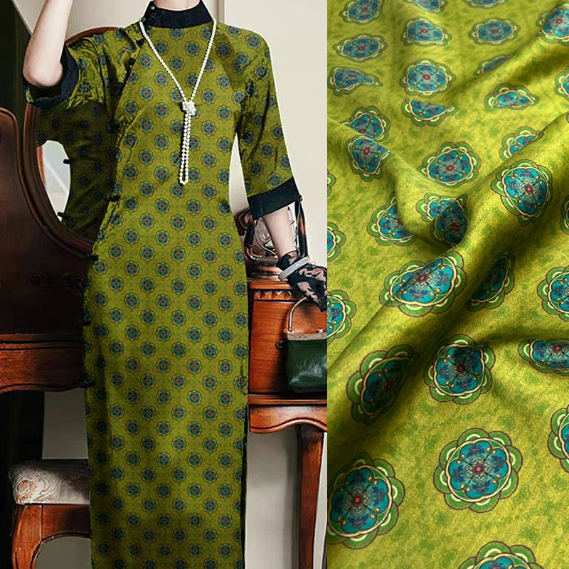 Gambiered Gauze Silk Fabric with Chinese Style Printed on Green Design for Cheongsam Horse Face Skrit Dress,47'' Wide 25MM Thick,DIY Sewing Stretch Material E1557