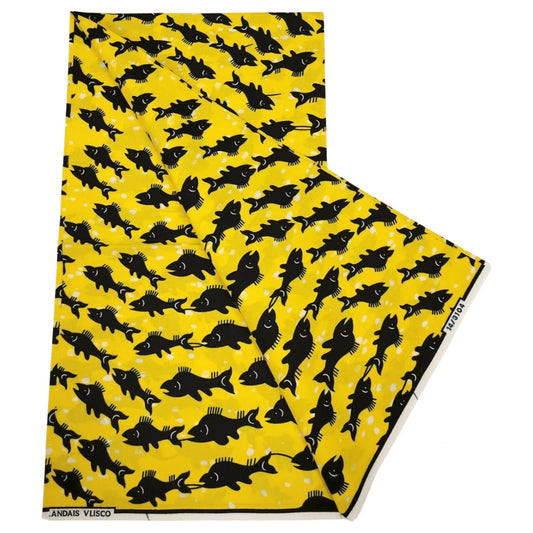 Yellow African Wax Batik Fabric with Black Fishes Print-6 Yards Long-Cotton Material for Cushion Sofa Upholstery Clothes R1268