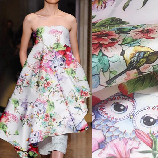 53'' Wide 14MM Stiff Silk Organza Fabric for DIY Sewing Bubble Dress Owls and Floral Print on White Fabric R1871