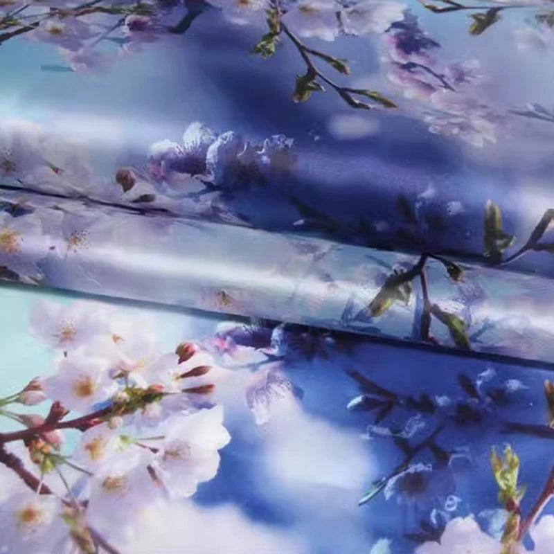 53'' Wide 14MM White Floral Blue Stiff Silk Organza Fabric for DIY Sewing Bubble Dress Coat R1873