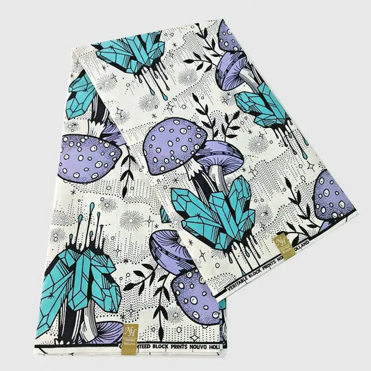 African Style Purple Blue Mushroom Printed Wax Batik Fabric for Sewing Summer Curtains Sofa Cotton Material,6 Yards Long R1078