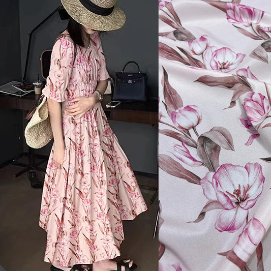 Mulberry Silk Spandex Fabric 55'' Width 18m/m Crepe de Chine Silk by 1 Yard for Pajamas,Shirt,Dress or DIY Crafts Gorgeous Purple Pink Floral Printed Design Material for DIY Sewing D1572