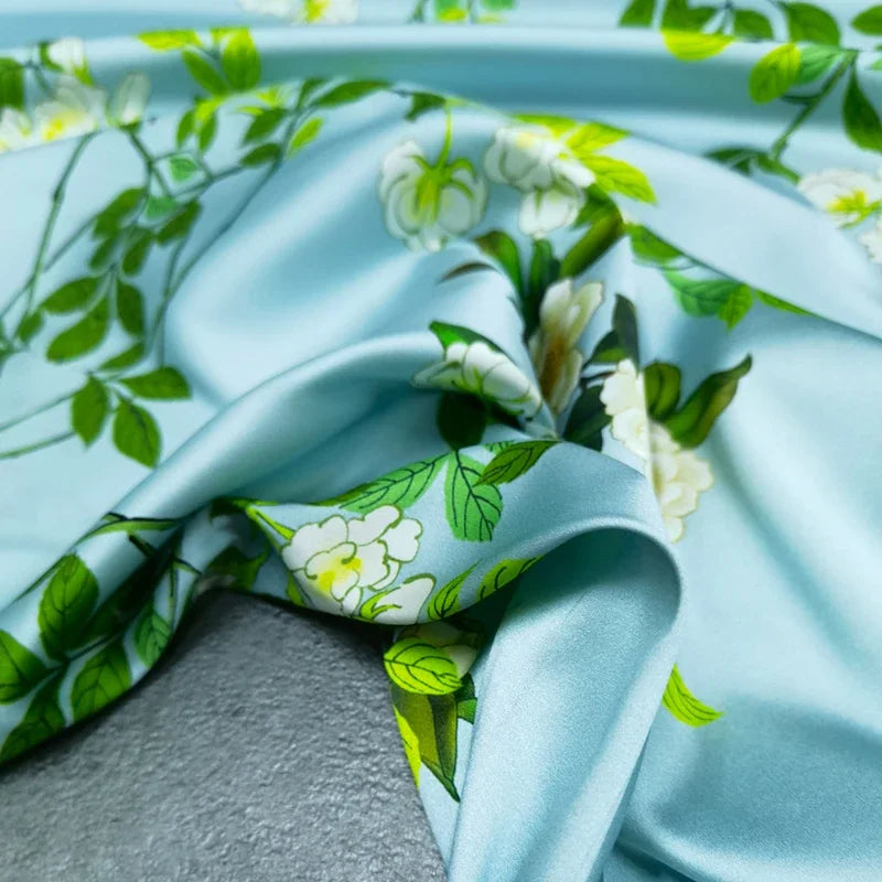 120*120CM 19MM Floral Print 93% Silk 7% Spandex Stretch Silk Satin Fabric for Green Dress Cheongsam Pants,DIY Sewing Material D1159