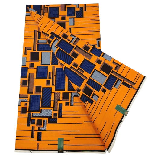 Orange African Batik Fabric with Blue Square Prints,Cotton Material,6 Yards Long,Perfect for Spring Summer Projects Dress DIY Sewing Material R1224