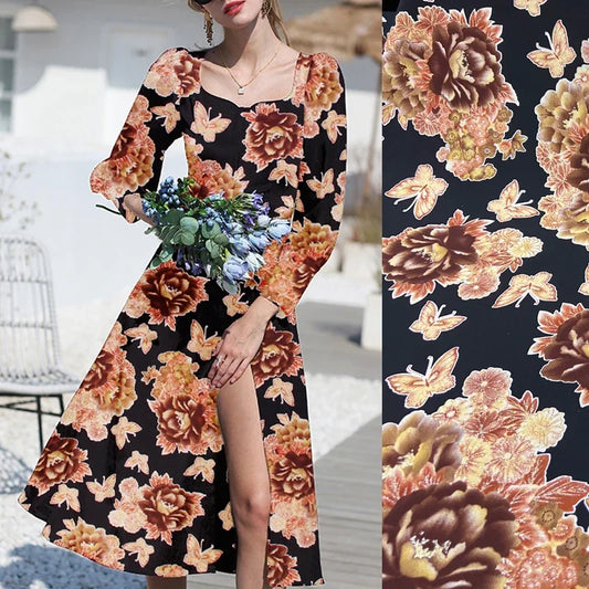 55'' Wide 25MM Golden Rose Printed Black Heavy Silk Fabric Material by Yard for Diy Sewing Summer Spring Plants Blouse Dress Cheongsam D1212