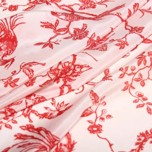 43.3'' Wide 12MM Thin Silk Crepe de Chine Fabric with Red Trees Birds Print for DIY Sewing Summer Dress Pants Pajamas R1839