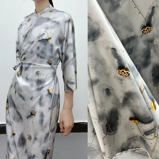 Golden Lotus Print Silk Satin Fabric - Smooth Blue Silk Fabric with 140CM Width 19MM-Good for Cheongsam Dress Pants R186