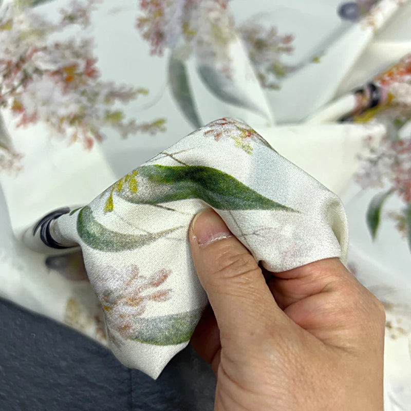 Stretch Comfortable Silk Crepe de Chine Fabric Mulberry Silk Spandex Fabric 55'' Width 18m/m Thin Silk Fabric by 1 Yard for Pajamas,Shirt,Dress or DIY Crafts Chinese Style Birds Floral Printed Material for DIY Sewing D1496