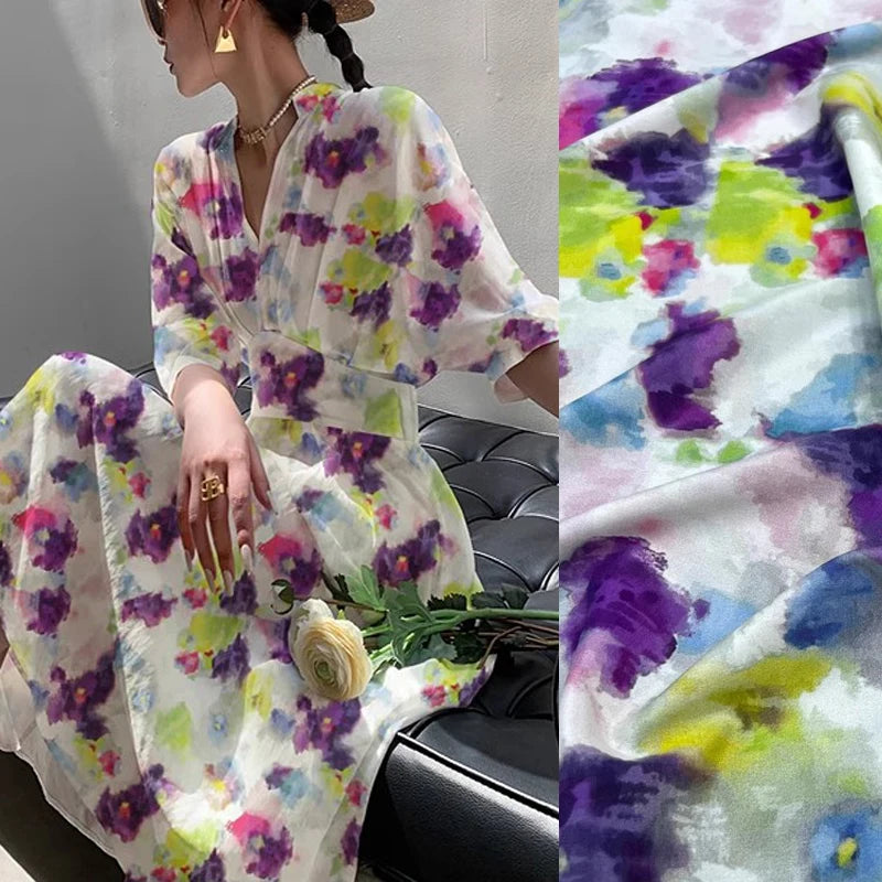 18m/m Spandex Mulberry Silk Crepe de Chine Fabric for Sewing Comfortable Dresses,Pajamas,Clothing,Pants or DIY Crafts Material 55" Wide Sold by 1 Meter 1 Yard(Purple Floral Print on White) D1320
