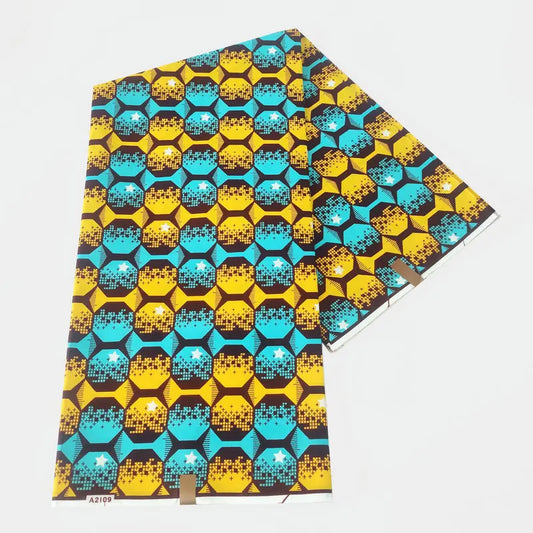 Cotton Batik Fabric with Blue Yellow Geometry Print,115CM Wide 6 Yards Long,African Style Material for DIY Sewing Clothing Curtains R917