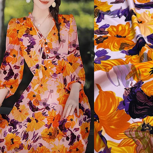 55'' Width Silk Spandex Material Fabric Thin Comfortable Crepe De Chine 18m/m Silk Fabric for DIY Sewing by 1 Yard (Purple Yellow Floral Printed)  D1338