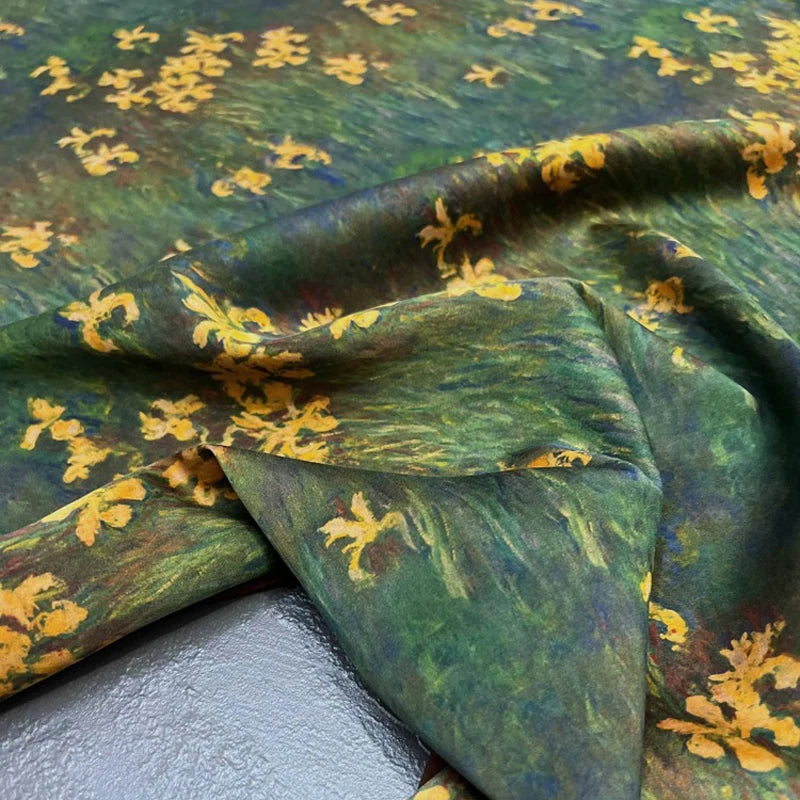 Yellow Floral Printed on Grass Green Gambiered Guangdong Silk Fabric by Yard for Blouse Cheongsam Pants Dressmaking - 47'' Wide 25MM Thickness DIY Sewing Material R391
