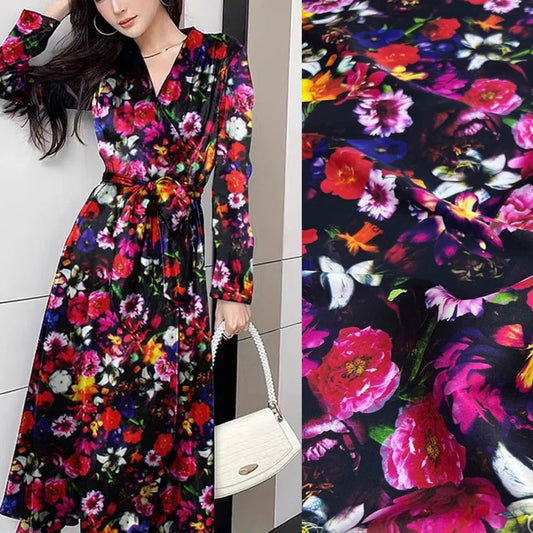 Elastic Silk Satin Fabric with Black-white Gorgeous Floral Print-Ideal for Making Cheongsam Dress-93% Silk 7% Spandex 19MM D1380