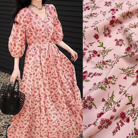 55" Silk Spandex Fabric Silk Crepe de Chine Fabric by The Yard for Sewing Clothes DIY Crafts,Red Floral on Pink Printed Design Thin Soft Comfortable Material D1505