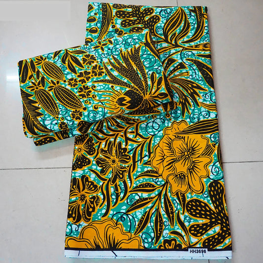 African Wax Fabric in Yellow Floral on Blue Design,100% Cotton Batik Material for Spring Home Clothing DIY Sewing,6Yards Long R911