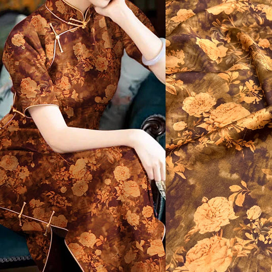Stretch Luxury Gambiered Gauze Silk Fabric with Rose on Brown Design for Cheongsam Horse Face Skrit Dress,47'' Wide 25MM Thick,DIY Sewing Material E1555
