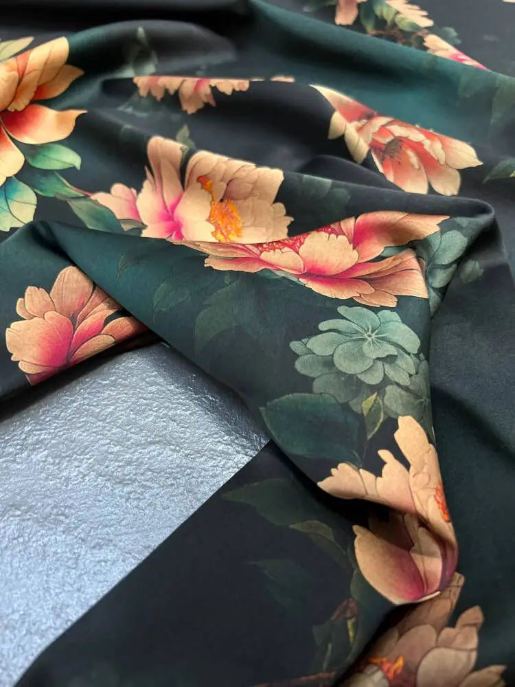Orange Floral Printed on Black 47'' Wide 25MM Gambiered Gauze Silk Fabric Design for Cheongsam Horse Face Skrit Dress Summer DIY Sewing Material by Yard E1593