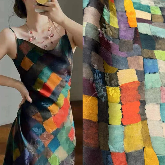 New Chinese Style Cheongsam Dress Pants Oil Painting Colorful Block Grid Radish Red Cloud Yarn Silk Fabric 45'' Wide 25MM Thick DIY Sewing Material R1204