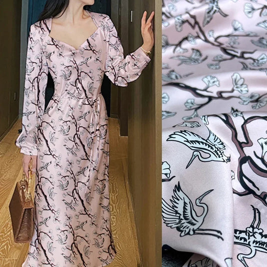120CM Wide 19MM 93% Silk & 7% Spandex Floral Print Stretch Pink Silk Satin Fabric for Dress Cheongsam Shirt Jacket Pants,DIY Sewing Material D1174