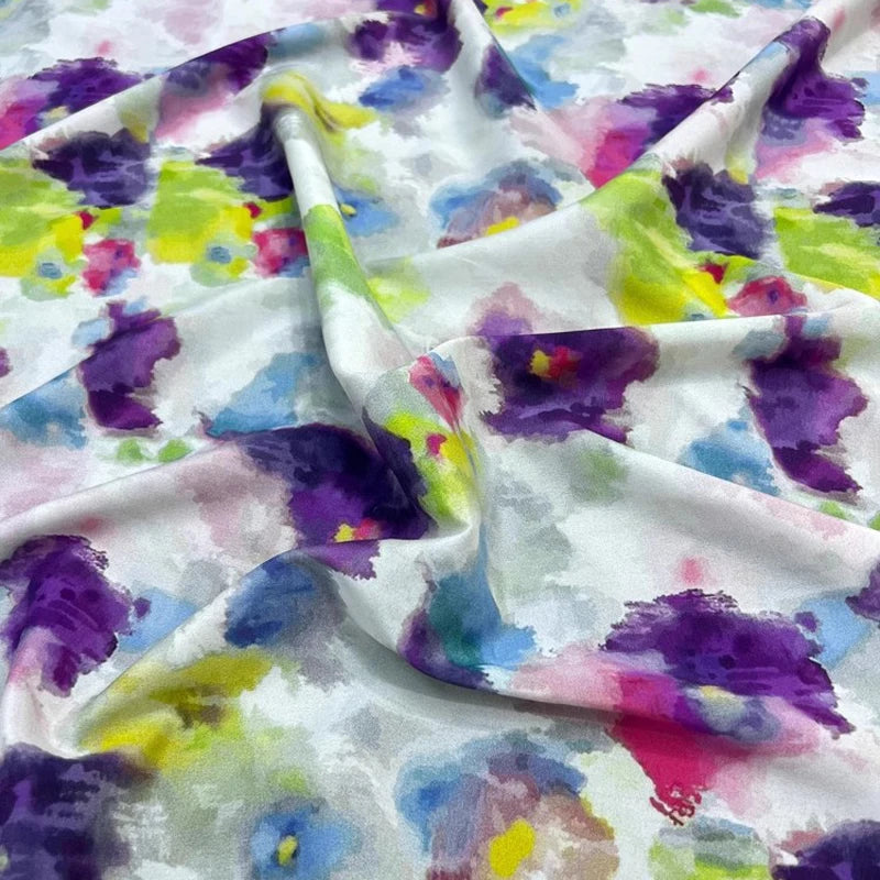 18m/m Spandex Mulberry Silk Crepe de Chine Fabric for Sewing Comfortable Dresses,Pajamas,Clothing,Pants or DIY Crafts Material 55" Wide Sold by 1 Meter 1 Yard(Purple Floral Print on White) D1320