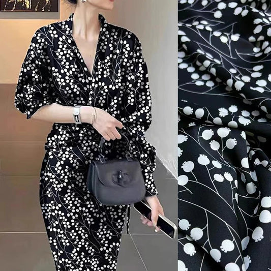 Quality Silk Threaded Satin Fabric,55'' Wide 20MM Thickness Soft Fabric by Yard for Summer Clothing Dress With White Prints on Black Blue DIY Sewing Material R380