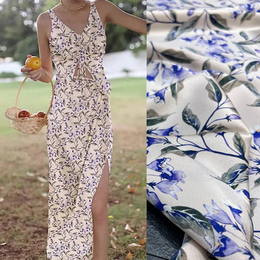 Blue Floral Printed Stretch Fabric,Silk Spandex Fabric by Yard 140CM Wide 20MM for Clothing DIY Shirt Cheongsam Dress Pants Sewing Material R378