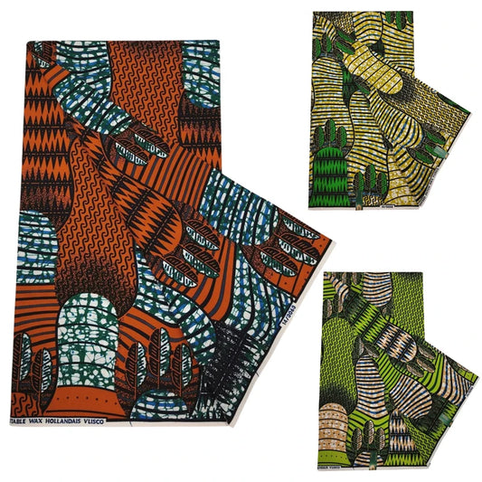 6 Yards Long DIY Cotton African Wax Batik Fabric - With Green Plants Print for Cushion Covers Sofa Upholstery Clothes R1217
