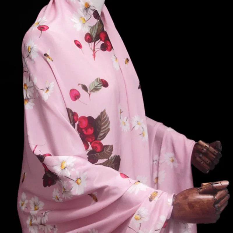 42.5'' Wide 12MM Thin Silk Crepe de Chine Fabric with Bee and Cherry Print for DIY Sewing Summer Pink Dress Pants Pajamas R1852