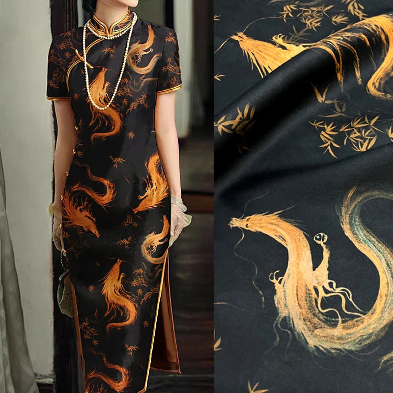Luxury Gambiered Gauze Silk Fabric with Golden Dragon Printed Design for Cheongsam Horse Face Skrit Dress,47'' Wide 25MM Stretch DIY Sewing Material E1556
