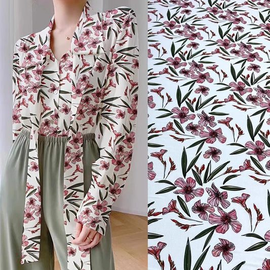 93% Silk 7% Spandex Pink Floral Print White Stretch Thin Silk Fabric by Yard for Dressmaking Cheongsam 55'' Wide 18MM Thickness Fabric Material D1367