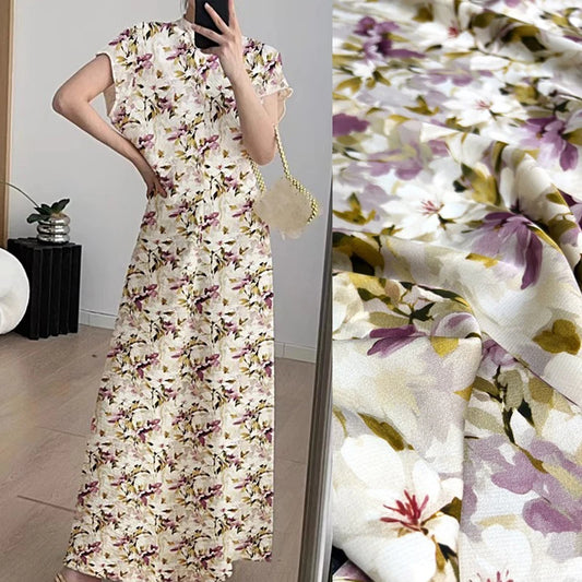 Purple White Floral Printed Silk Fabric for DIY Sewing Dress Blouse Cheongsam - 155'' Wide 19MM Thickness Stretch Silk Spandex Fabric by Yard R412